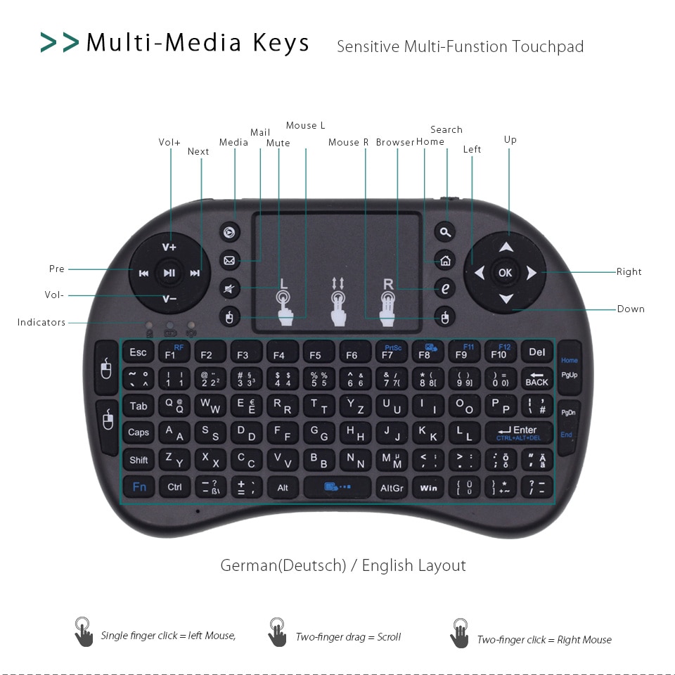 i8 (Deutsch) German English Keyboard 2.4GHz Mini Wireless Keyboard Air Mouse with TouchPad for Android TV Box / Mini PC