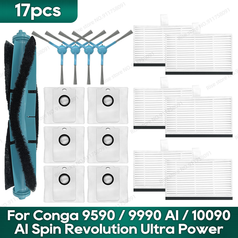 Compatible para Cecotec Conga 9590 9990 AI 10090 AI Spin Revolution Ultra Power Home recambios: Filtro Hepa, Cepillo Principal, Bolsa para Polvo: Verde claro