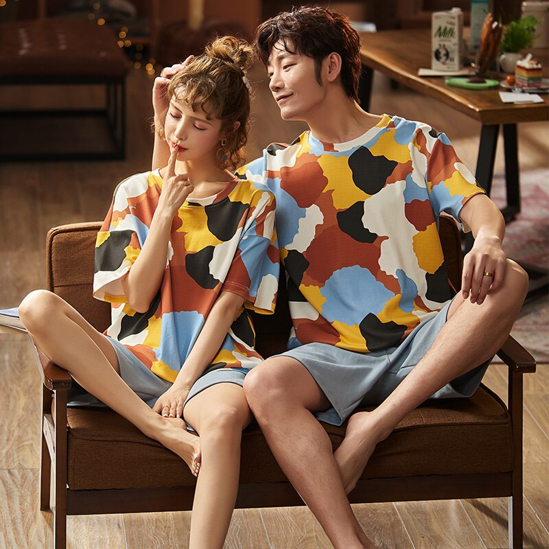 Yuan Summer Couples Pajamas Round Collar Sweet Cartoon Pure Cotton Short Sleeve Shorts Home Wear Pyjamas For Men Women