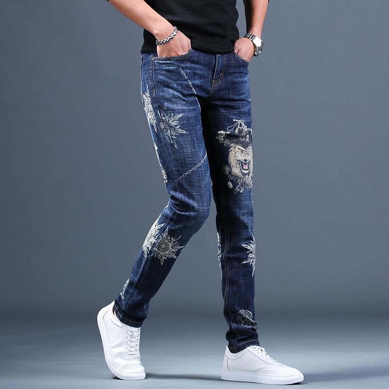 Men's printed ripped jeans stretch casual trousers autumn personality youth popular slim pants