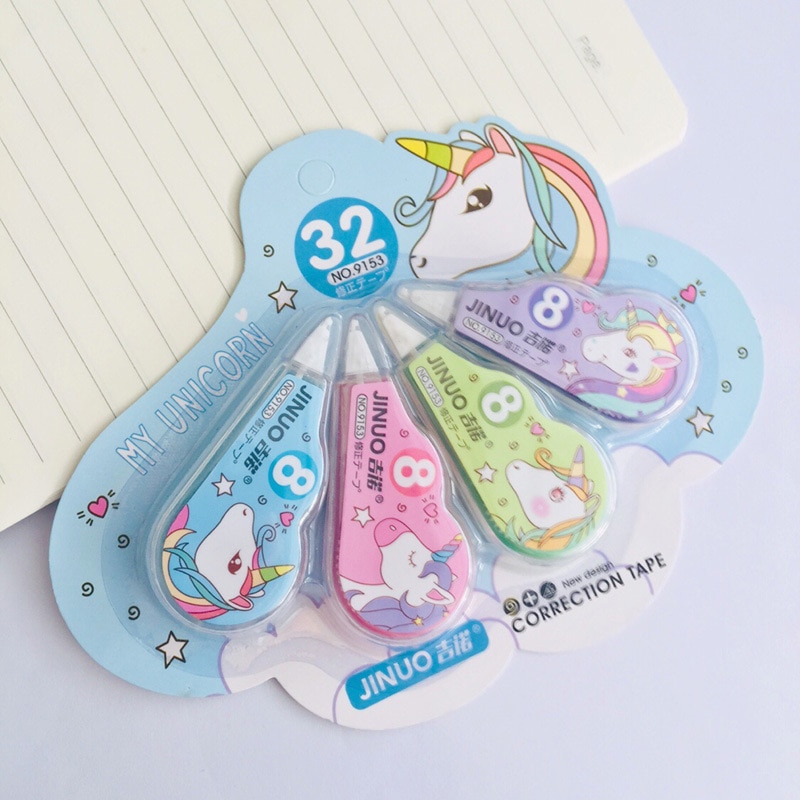 Correcteur de papeterie licorne en dessin animé de Style coréen, rouleau correcteur blanc, ruban correcteur 3M x 5mm, fournitures scolaires 4 pièces/ensemble