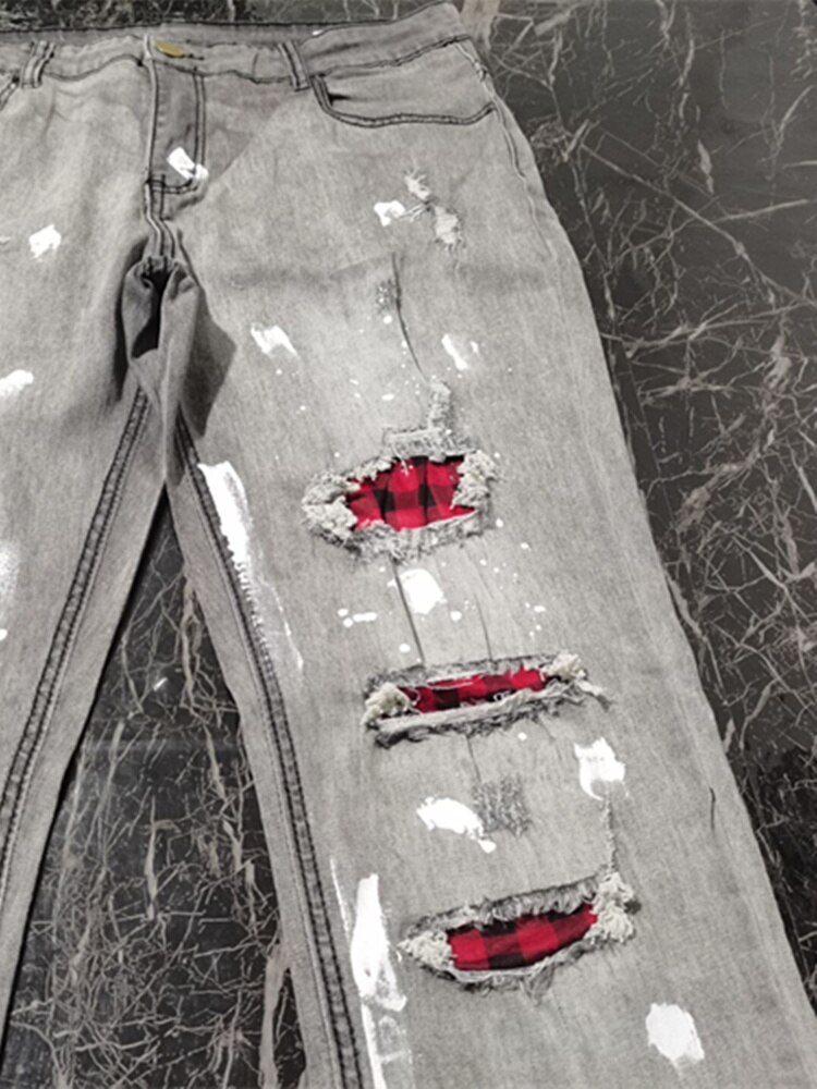 Ripped Skinny Jeans Mannen Grid Stretch Denim Broek Big Size Europese Hip-Hop Casual Mannen Jeans Casual broek