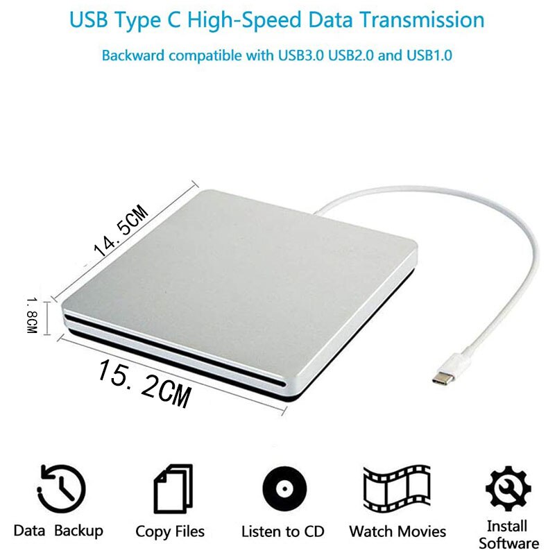 Drive externo de dvd tipo-c, unidade de disco óptico fino com entrada usb c para mac/janela