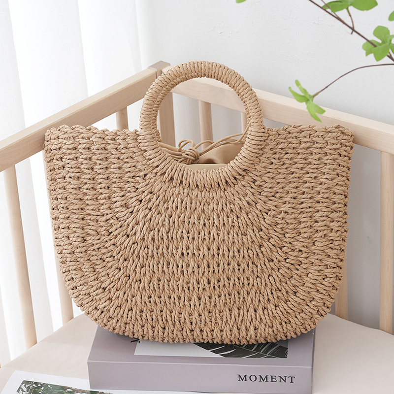 Sac d'été en paille demi-lune pour femmes, sac à main Portable fait à la main, sac de plage de grande capacité, panier tissé à poignée supérieure, fourre-tout: Black