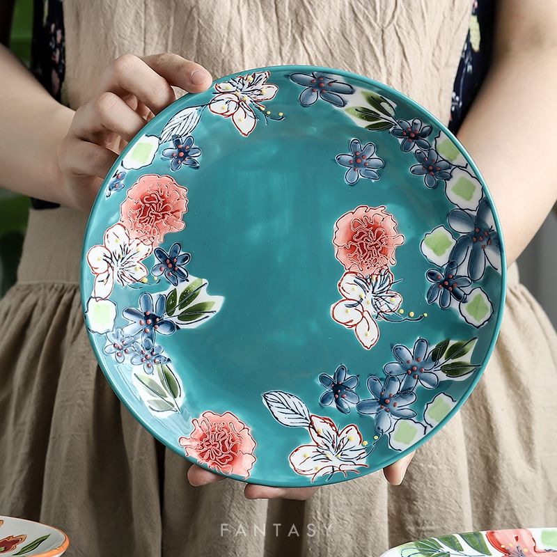 Foreign Trade Authentic Tableware Hand-Painted Relief Glazed Plate High-End Kitchen Plate Salad Steak Plate Sushi Plate