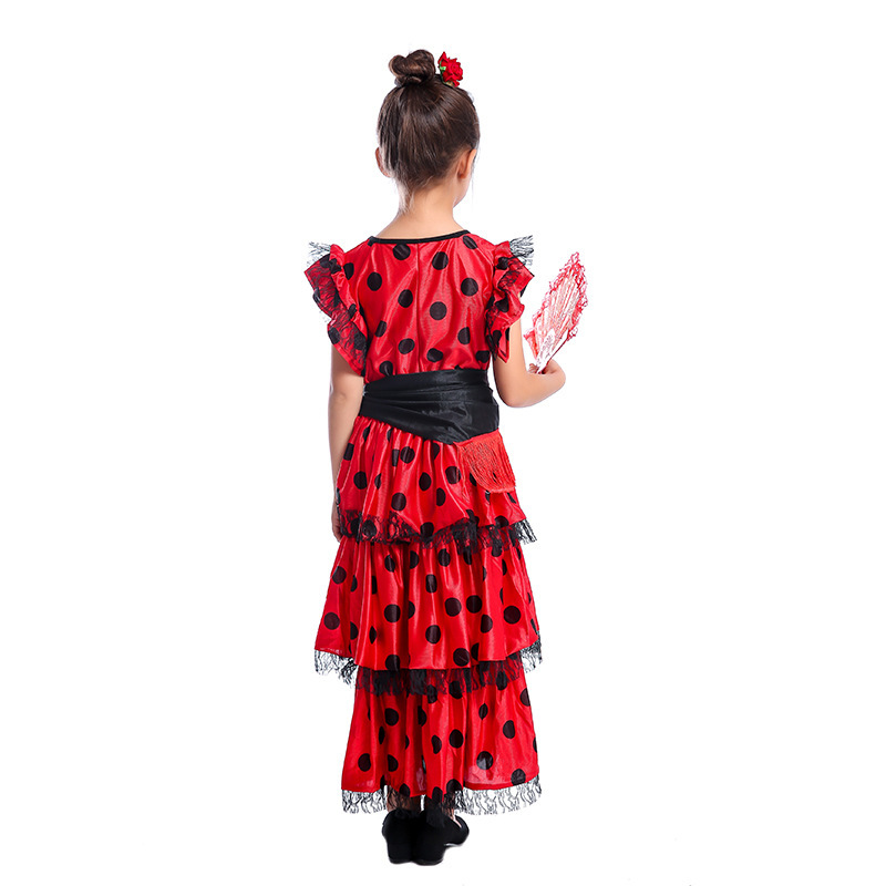 Vestidos de baile de España para niñas, trajes de baile de Flamenco para mujer, vestidos Maxi de manga de encaje con estampado de lunares tradicional, puesta en escena de equipo