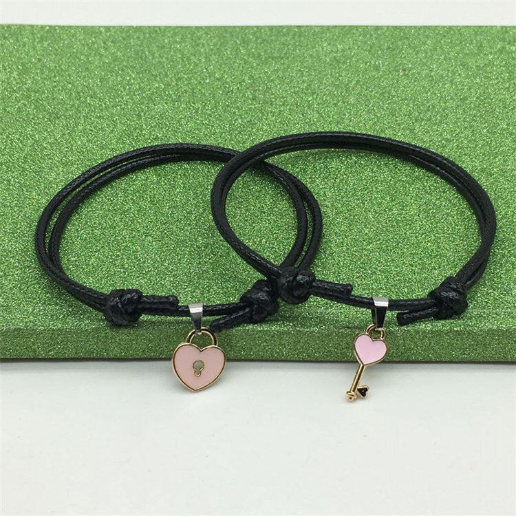 Paar Lichtmetalen Key Heart Lock Charm Armband Voor Vrouwen Handgemaakte Sieraden Touw Liefhebbers Viintage Sieraden: pink