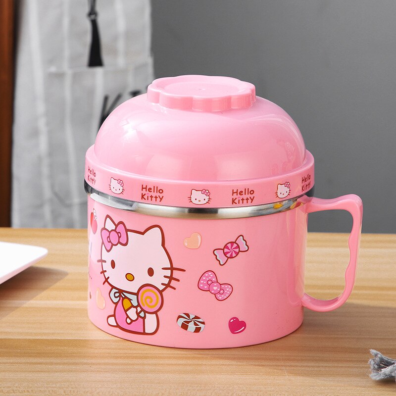 Set de cuencos para sopa de dibujos animados tazón de acero inoxidable cuenco para Fideos instantáneos con tapa con mango contenedor de alimentos tazón de arroz almuerzo maruchan tazón: Rosa
