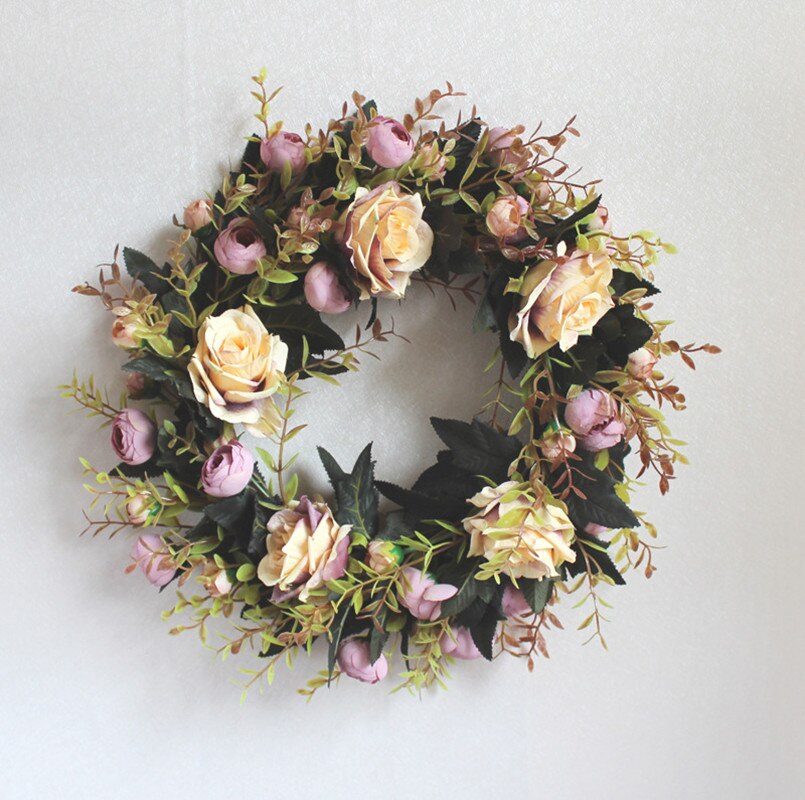 Kunstbloem Ronde krans rotan zijden bloem simulatie rose bloem plant wedding home muur deur decoratie party: light purple-35cm