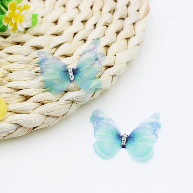 50 pièces de papillon en tissu Organza de couleur dégradée, Appliques de papillon en mousseline translucide de 38Mm pour décoration de fête, embellissement de poupée
