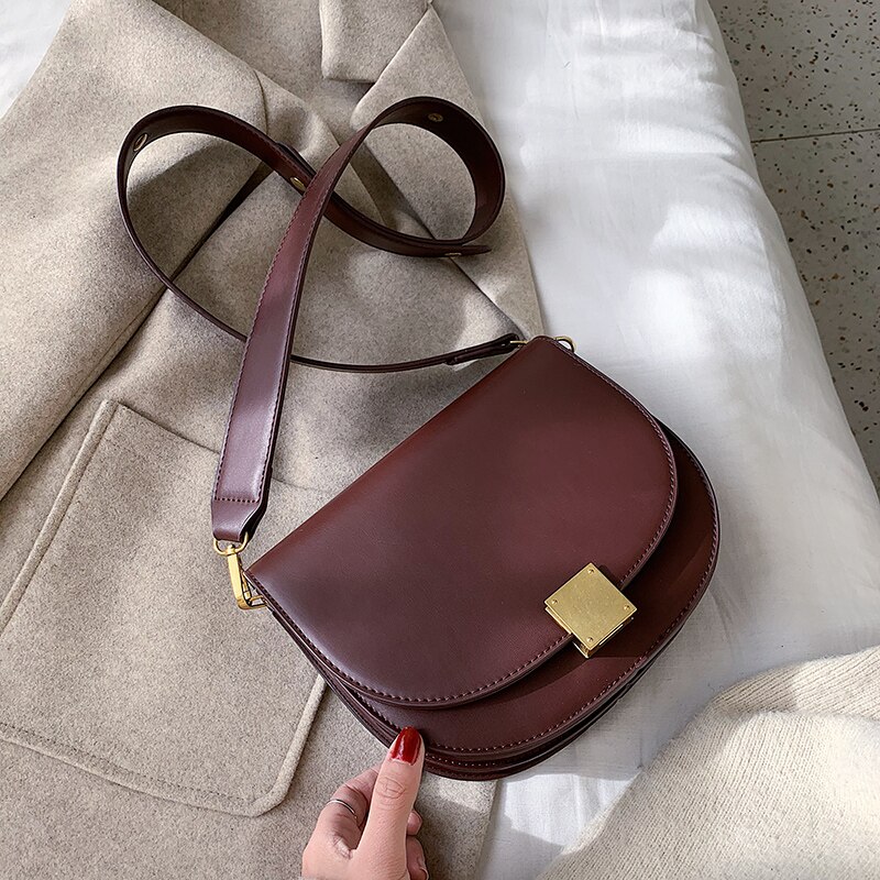 Sac à main de selle en cuir couleur Pure pour femmes, sac à main Vintage de bonne , sacoche à bandoulière à verrouillage de styliste, hiver: 23 CM Coffee