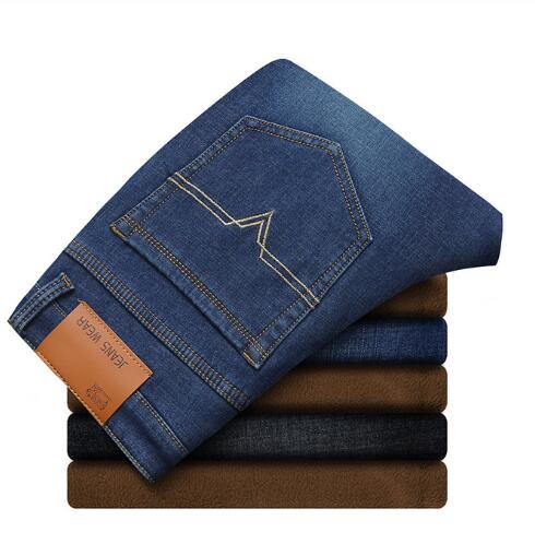 Mænd vinterjeans mænd sort/blå slim fit stretch tykke fløjlsbukser varme jeans afslappede fleecebukser herre plus størrelse 40: Blå / 28