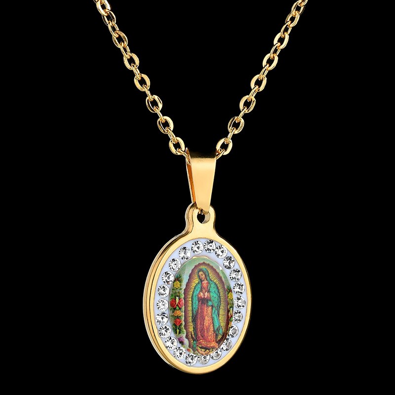 Uzone religiøs jomfru maria vedhæng amulet halskæde rustfrit stål kristne smykker cz sten bøn halskæder til kvinder krave: Guld