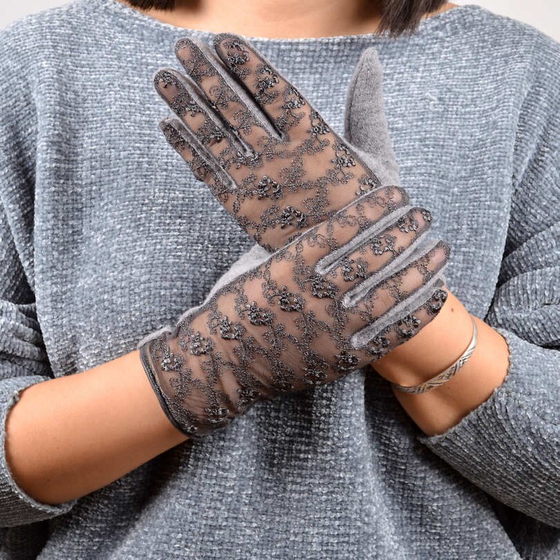 [BYSIFA] – gants d&#39;hiver en laine de cachemire pour femmes, Sexy, noirs, à la , en dentelle brodée, doux, rose, gris: fashion grey