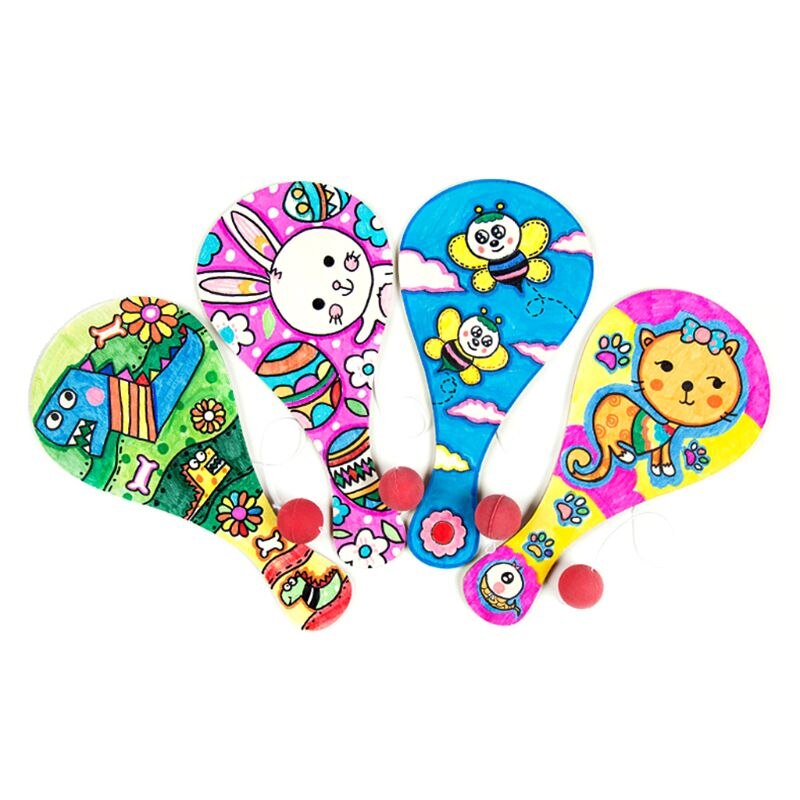 9pcs/set Hand-painted Wooden Racket Ball DIY Craft Cartoon Painting Graffiti Toy R9JD