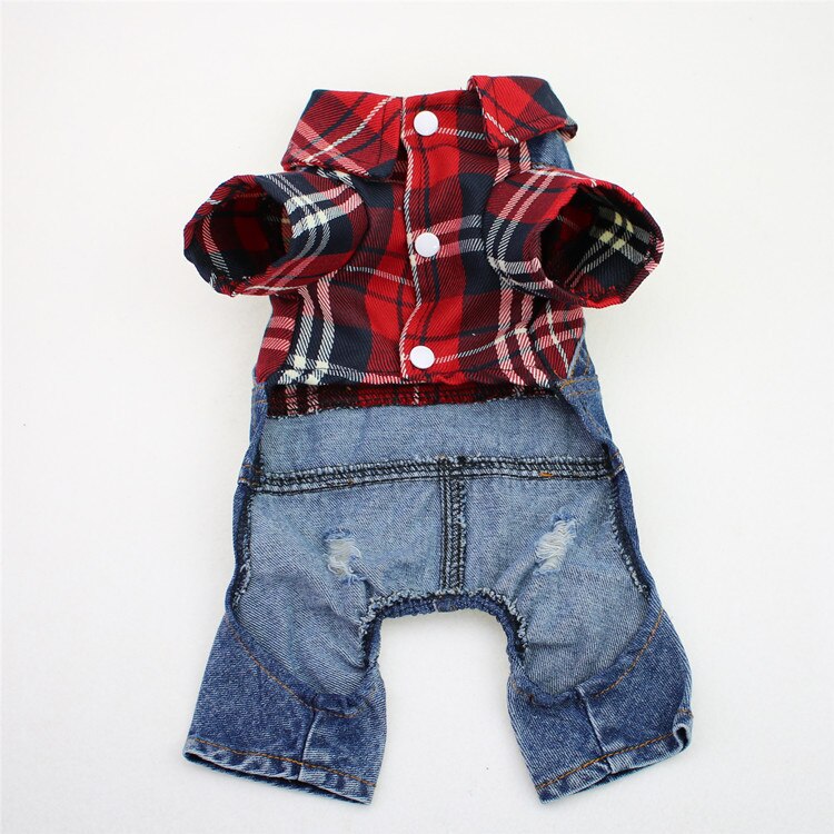 Teddy bichon hund firbenet stort plaid denim jumpsuit kæledyrstøj forår og efterår vintertøj