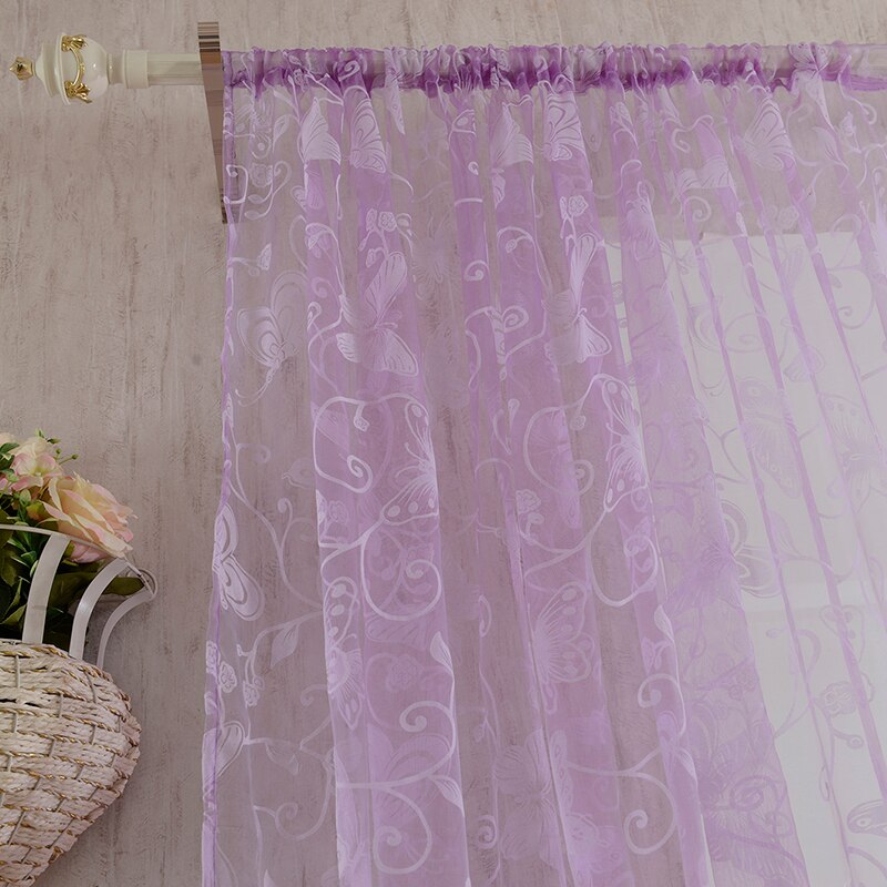 Cortina flocada para ventana, flores y mariposas con estampado de mosquitera, gasa de Color sólido, cortinas duraderas de para el hogar, Hotel y oficina: Purple