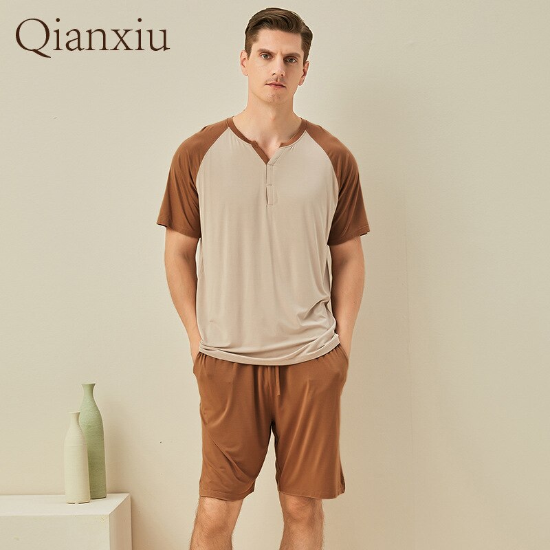 Pyjama en fibre de bambou pour hommes, ensemble d'été, manches courtes, short, vêtements de maison