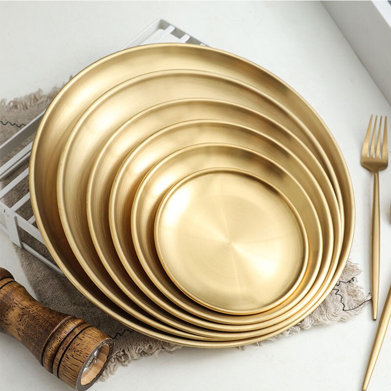 1Pcs European Style Dinner Plates Gold Dining Plate Serving Dishes Round Plate Cake Tray Western Steak Round Tray Kitchen