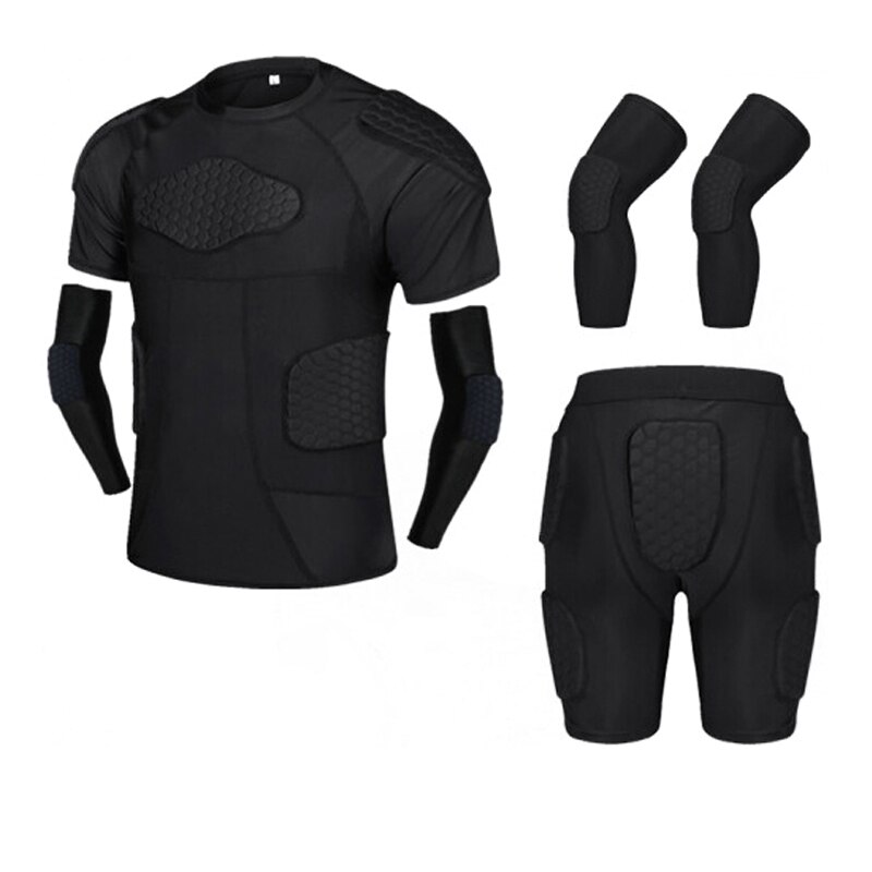 Mannen Sport Kneepad Elleboog Shock Guard Compressie Padded Shorts Shirt Vest Set Voetbal Basketbal Beschermende Gear Borst Rib Guards: M / Shirt 6 set