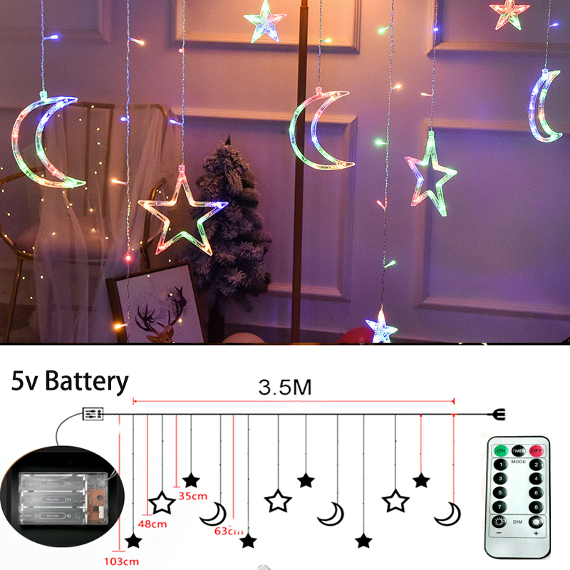Mond Sterne LED Lichterkette Schnur Weihnachten Neue Jahr Girlande Vorhang Lampe Ramadan Dekoration Für Heimat Schlafzimmer Fenster Eid Mubarak: Batterie romote multi