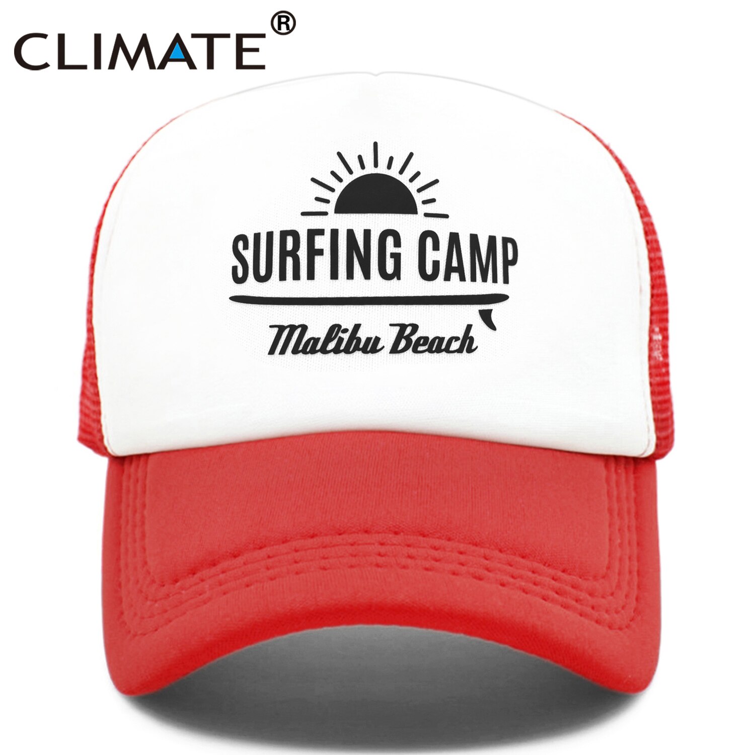 CLIMATE Surfing Camp Cap Malibu Beach Trucker Cap Hat Surfing Fan Surfer Hip Hop Cap Surfboard Surf Riding Mesh Cap Hat Youth: Red