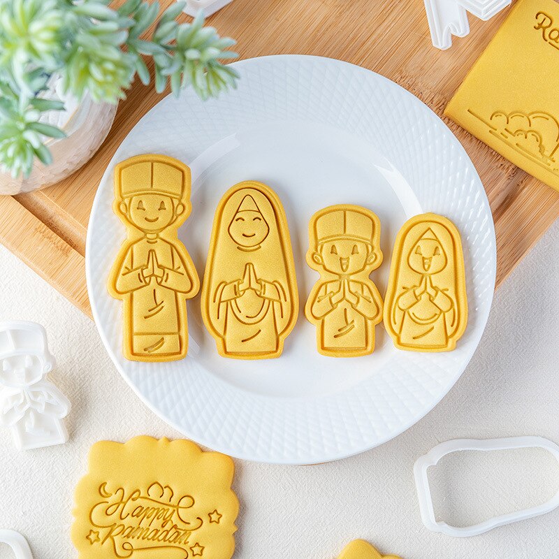 Molde para galletas Eid Mubarak, cortadores de galletas, estrella, iglesia, niño y niña, cortador en relieve, sello de Fondant, utensilios para hornear pasteles DIY