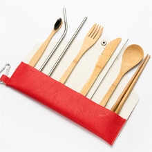 10 stuks Herbruikbare Bamboe Bestek Set Draagbare Servies Houten Bestek Vork Lepel Mes Set met Bestek Tas voor Travel Dinning set