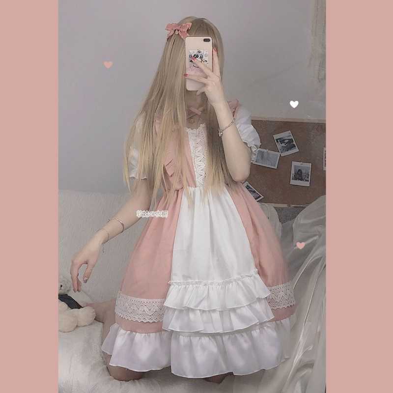 Vestido de mucama Kawaii Lolita, ropa gótica rosa para de cumpleaños, manga abombada, Harajuku japonés, con volantes y cordones, suave
