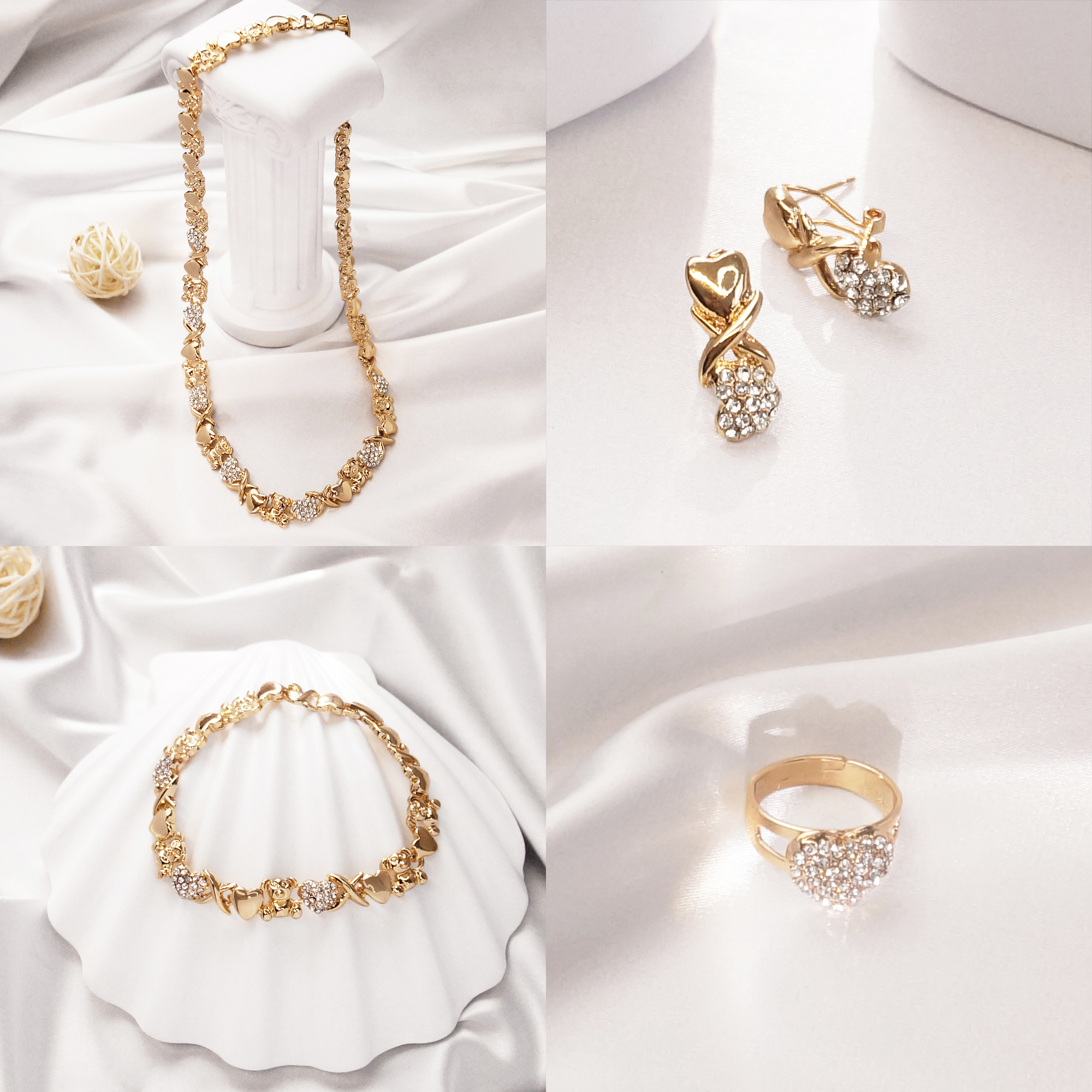 Conjunto de joyería de Color dorado para mujer, conjunto de collar chapado en oro de 18 quilates, collar de oso a la nupcial para boda, pendientes, anillo, en forma de corazón