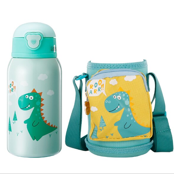 600ml barn vattenflaska, rostfri vakuum termoskopp med sugrör bpa fri isolerad vattenflaska med rem och extra lock: Dinosaurie