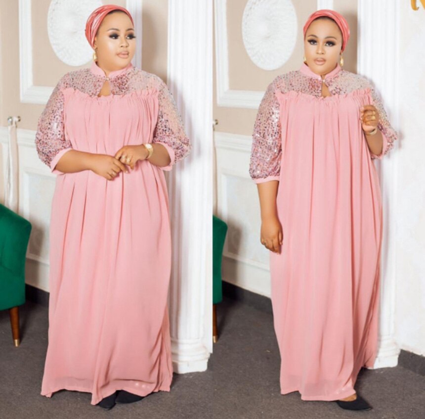 Length 153cm super loose long dress style African women's Dashiki stretch Chiffon material With inner free size: peach