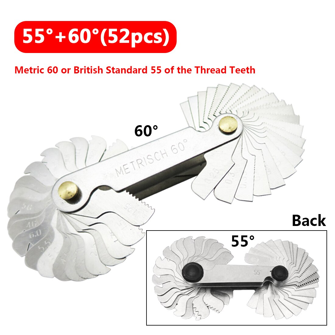 52Pcs Steel Thread Measuring Gage Metric Whitworth Screw Pitch Gauge 60/55 Degree Thread Plug Gage