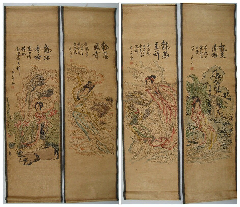 Collectie Antieke 4Pcs Oude Chinese Beauty Vrouwen En Dragon Schilderen & Scroll