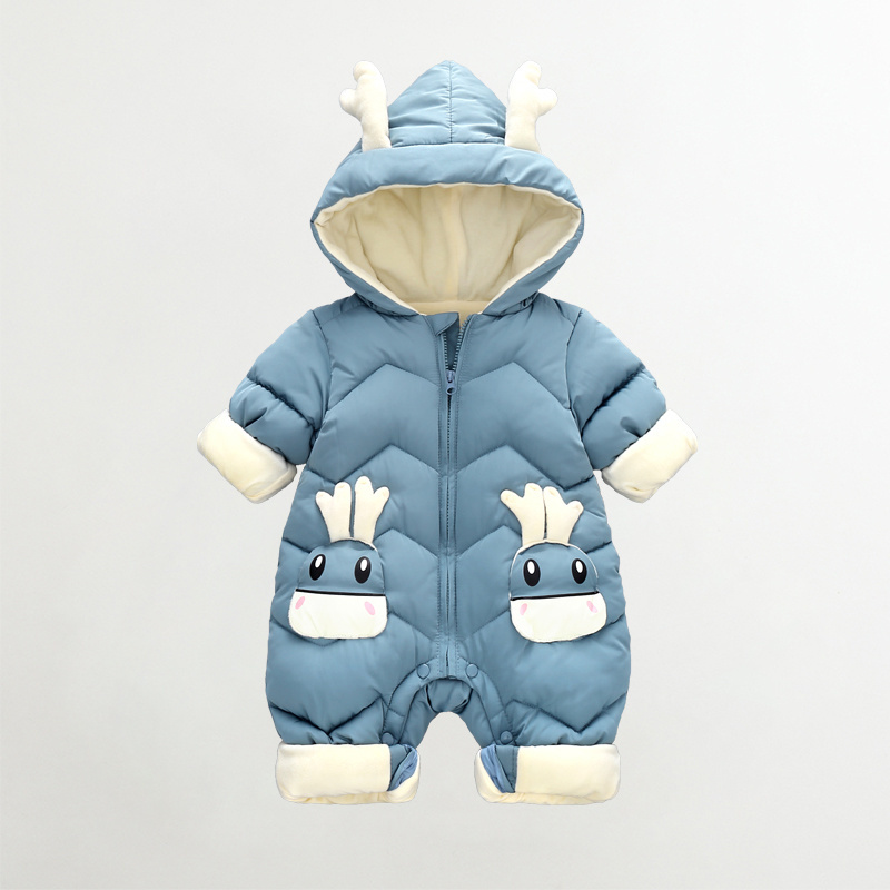 Plus Velvet Baby Boys autunno inverno Snowsuit Hooded Cartoon Cute body pagliaccetti neonati tuta da bambina tuta da bambino: Blue / 3M