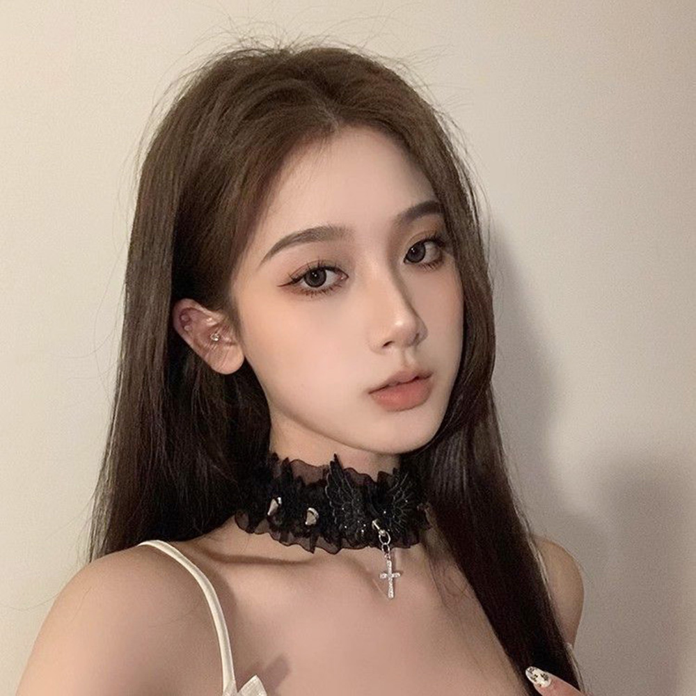 Hul sort/hvid blonde choker halskæde kors bling engel vinge nitte chokers vintage punk gotisk smykker goth halskæde til kvinder