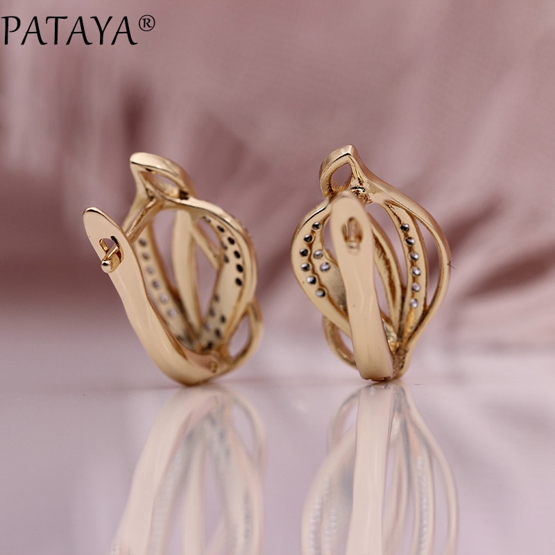 PATAYA Leaf Shape Hollow Earring 585 Rose Gold Women Cute Fine Party Jewelry White Round Natural Zircon Earring