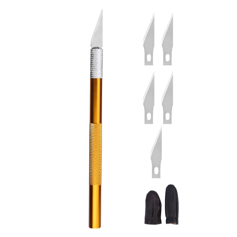 MIUSIE Engraving Cutter With 5pcs Blades And 2pcs Finger Protectors Metal Handle Leather Carving Sculpture Non-Slip Safety Knife: golden