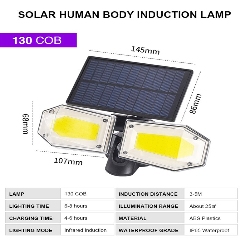 5.5V Wireless Wall Mounted Solar Lights Outdoor Motion Sensor Rechargeable Security Lights Flood LED Courtyard Garden Lamp: 130LED