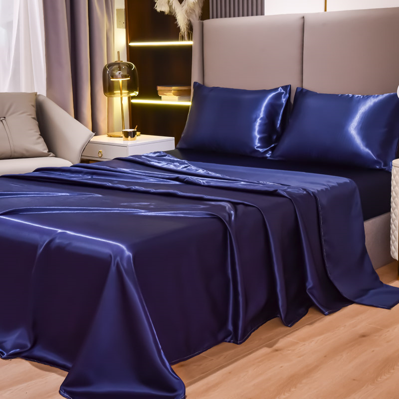 Satin Bed Sheets, Queen Size Sheets Set, 4 Pcs Silky Bedding Set 1 Deep Pocket Fitted Sheet + 1 Flat Sheet + 2 Pillowcases: Full / ROYAL BLUE