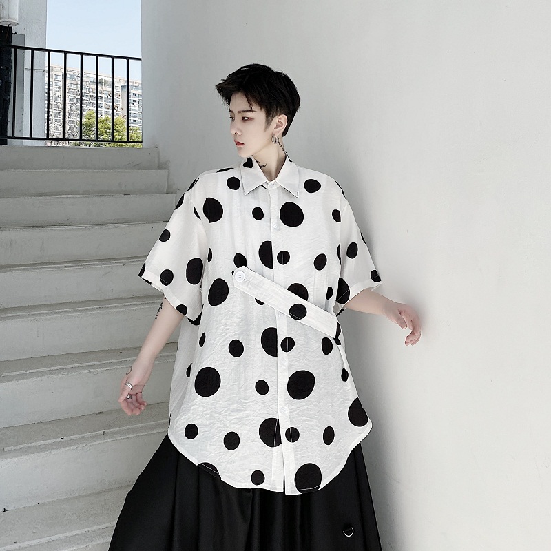 Men Cotton Linen Casual Short Sleeve Polka Dot Shirt Male Japan Karajuku Korea Streetwear Loose Shirts Black White