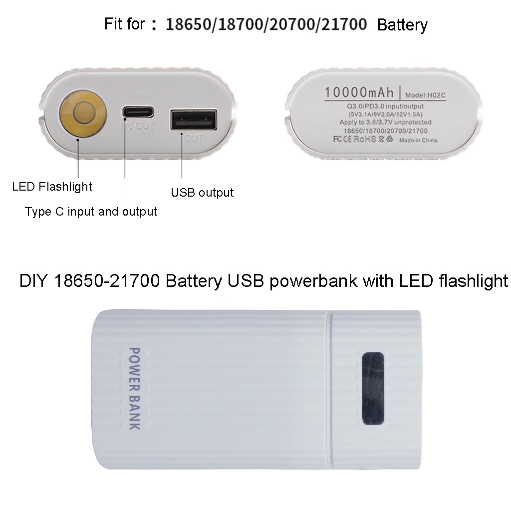 Diy 18650 21700 Batterij Power Bank Kit Doos Met QC3.0 Usb + Type C Pd Output Led Zaklamp Mobiele Lader voor Mobiel