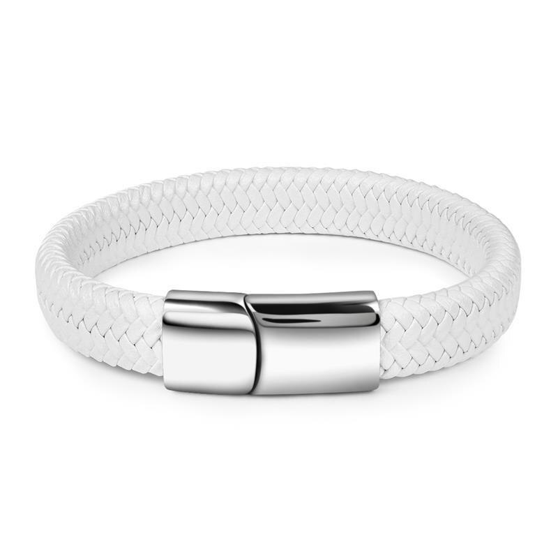 Mænd flettet armbånd hvidt læder armbånd titanium stål lås mandlige smykker magnetisk spænde: Hvid a / 16.5cm