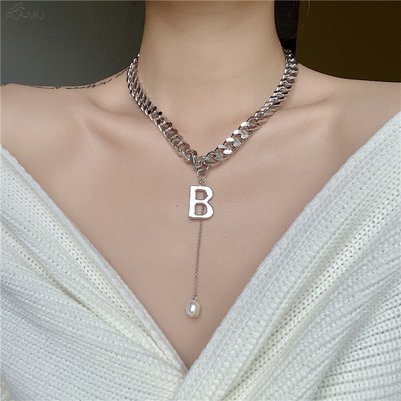 AOMU 1PC lettre B collier Simple épais chaîne perle gland pendentif clavicule chaîne chandail chaîne pour les femmes bijoux fête