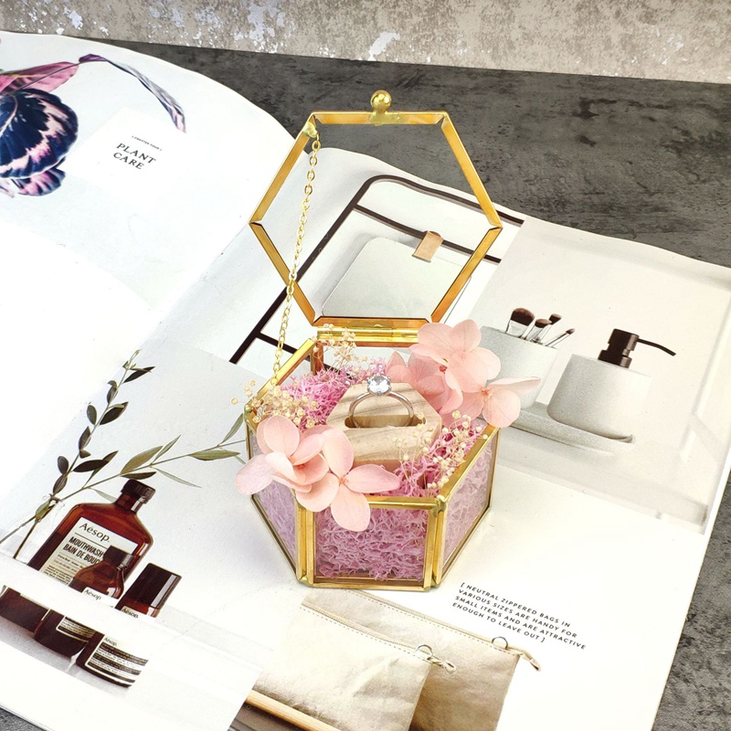 Hexagon Transparent Glass Ring Box Wedding Ring Box Geometric Clear Glass Jewelry Box Jewelry Organizer Holder Tabletop Containe