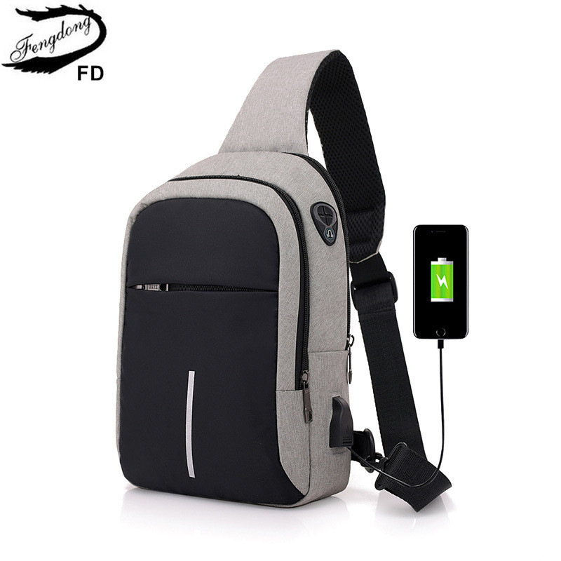 FengDong small crossbody bags for men one shoulder sling chest bag pack casual mini messenger bag with usb port: light grey