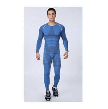 Men's quick-drying sport long sleeve sport pants clothes Long Johns compression Underwear slim corset 1 set=tops + pants: blue line / M