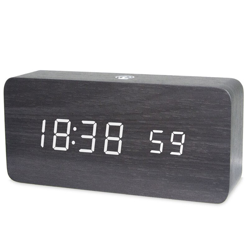 Led digital de madeira despertador app controle tempo temperatura data eletrônico desktop relógio usb bateria brilho controle de som: BLACK-WHITE