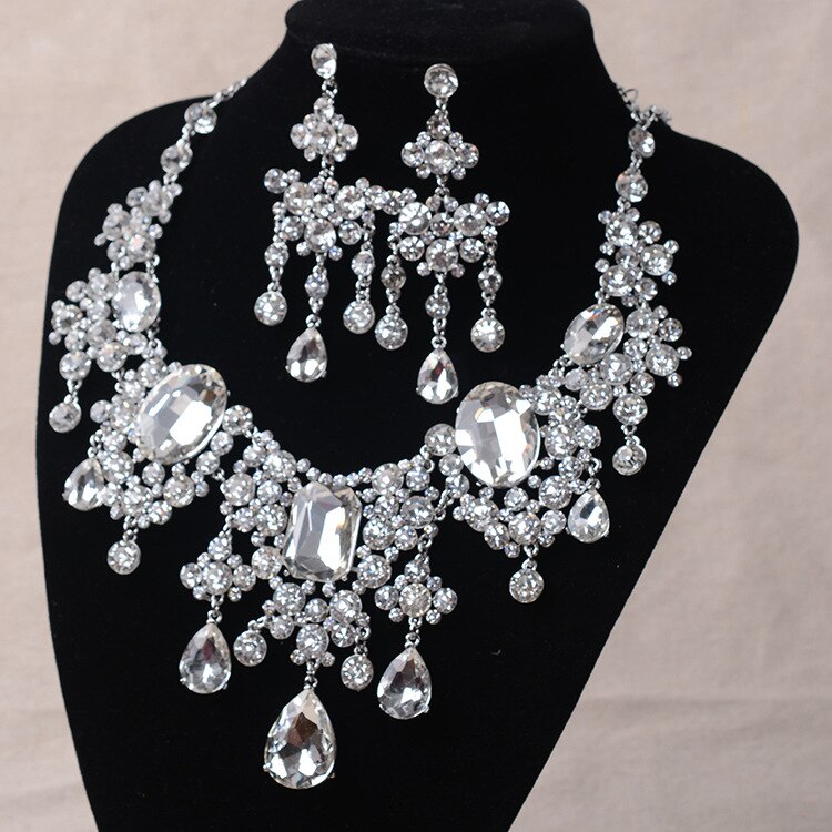 Afrikaanse Kralen Sieraden Sets Grote Strass Klassieke Indiase Crystal Bridal Sieraden Set Water Verklaring Ketting Oorbellen Set