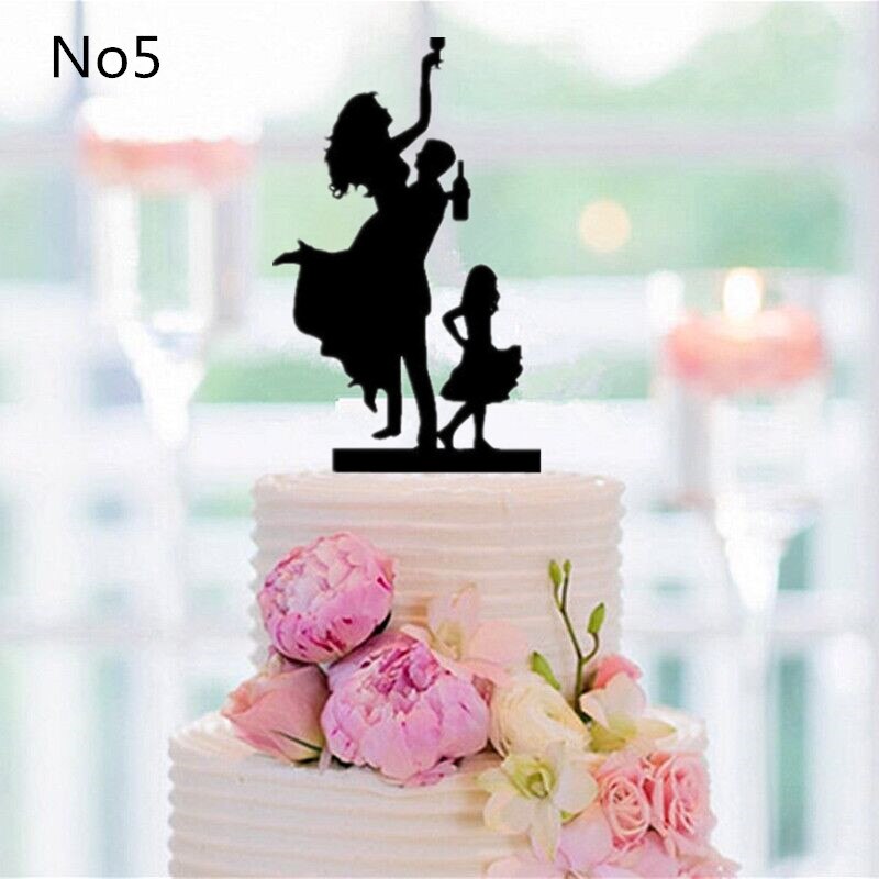 Mixed Style Black Acrylic Wedding Cake Topper For Decor Mariage Mr Mrs Bride Groom Family Cake Toppers Baby Shower Decoration